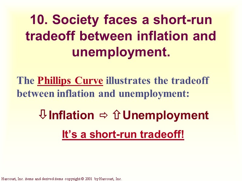 10. Society faces a short-run tradeoff between inflation and unemployment. The Phillips Curve illustrates